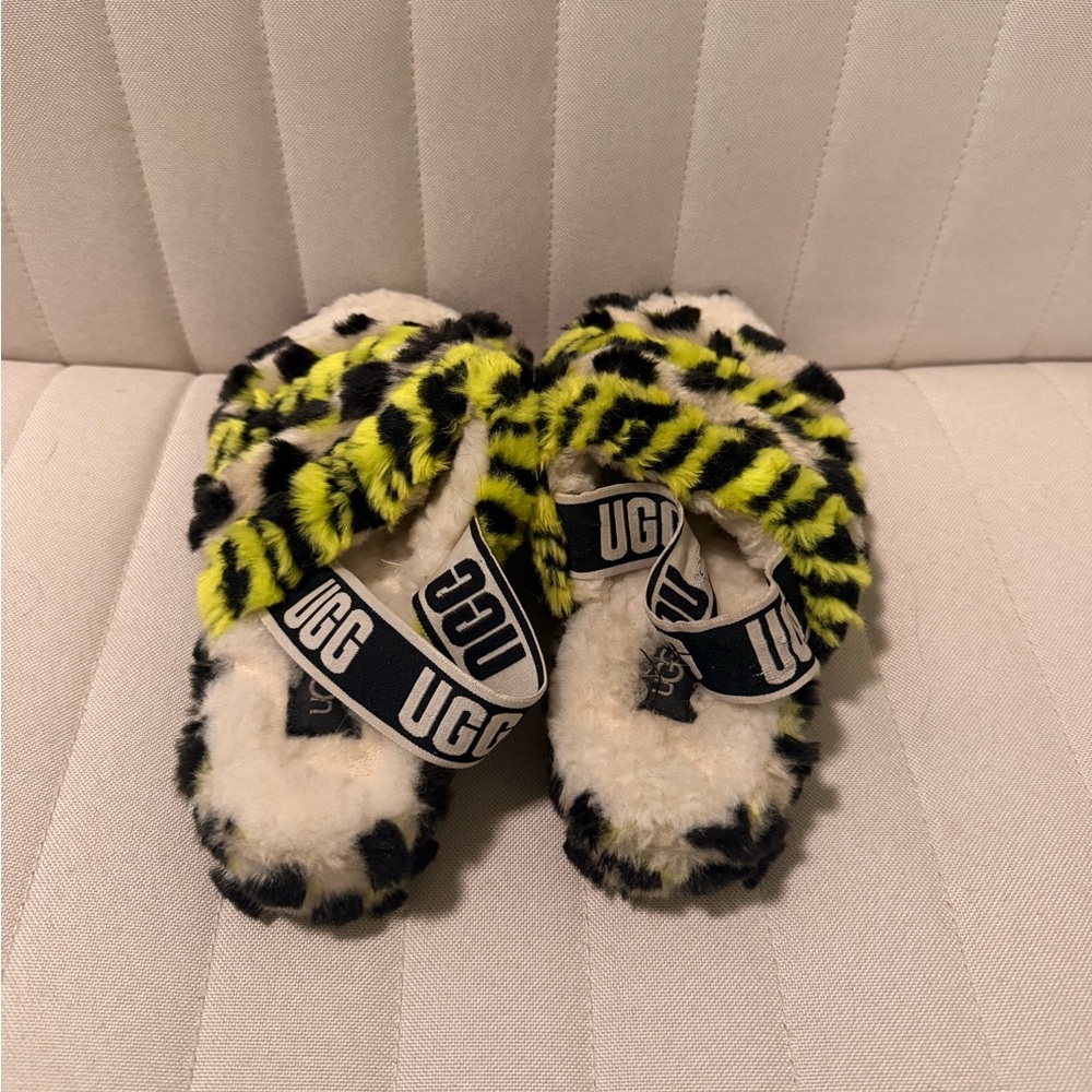 Women’s UGG Fluff Yeah Slide Leopard Black Neon green size 7